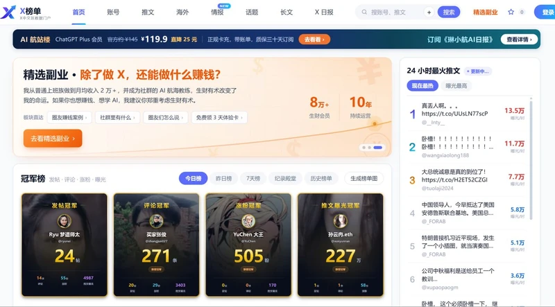聚焦 X（推特）中文区的数据榜单与流量探索门户