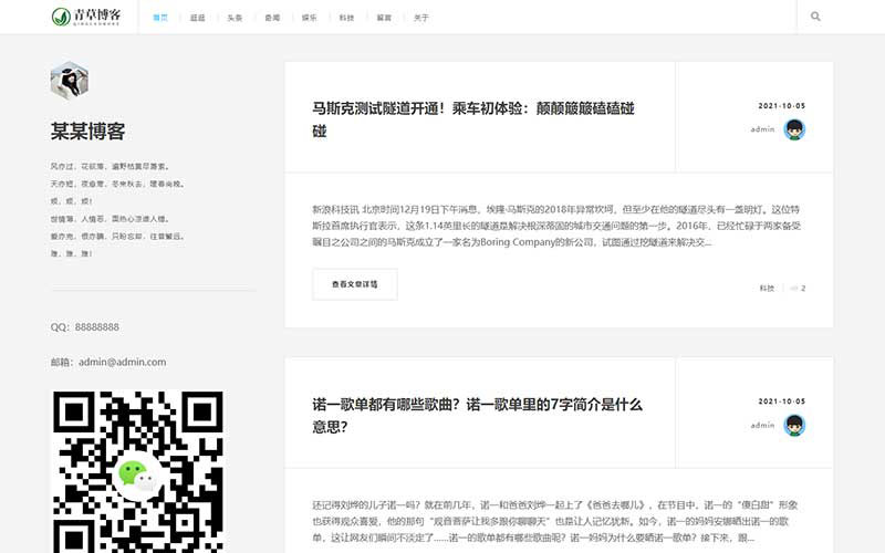 (自适应手机版)极简个人博客文章自媒体网站模板