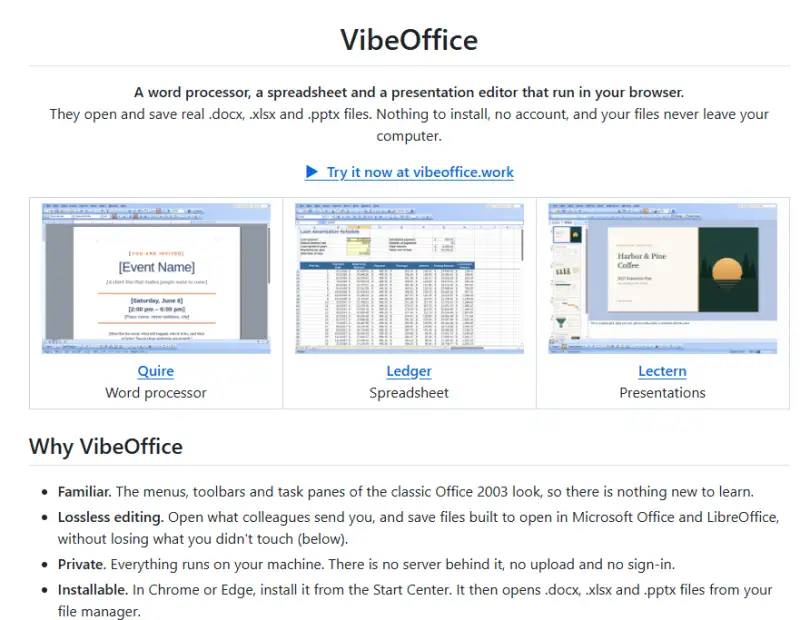 一个免费办公套件，可在浏览器中运行，风格仿照 Office 2003